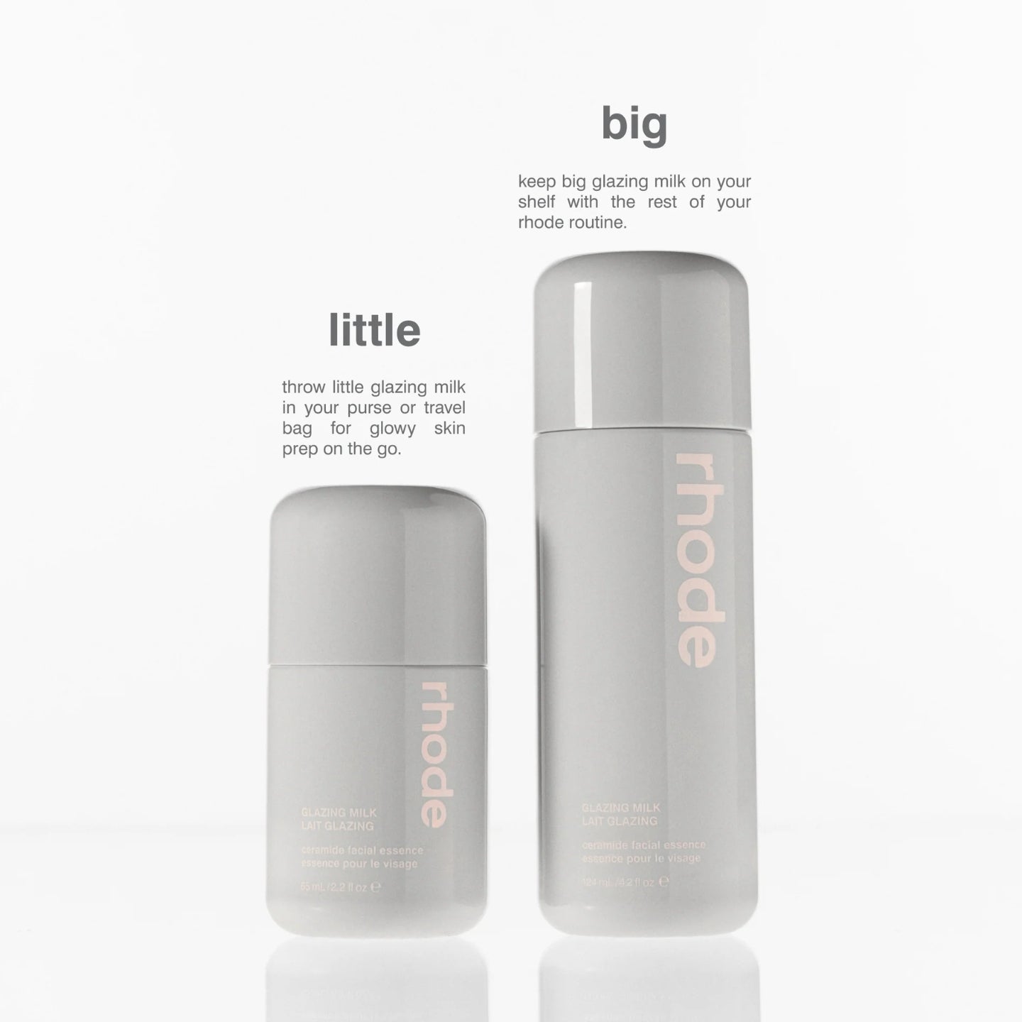 Two skincare bottles labeled 'big' and 'little' with 'rhode' branding on a white background.