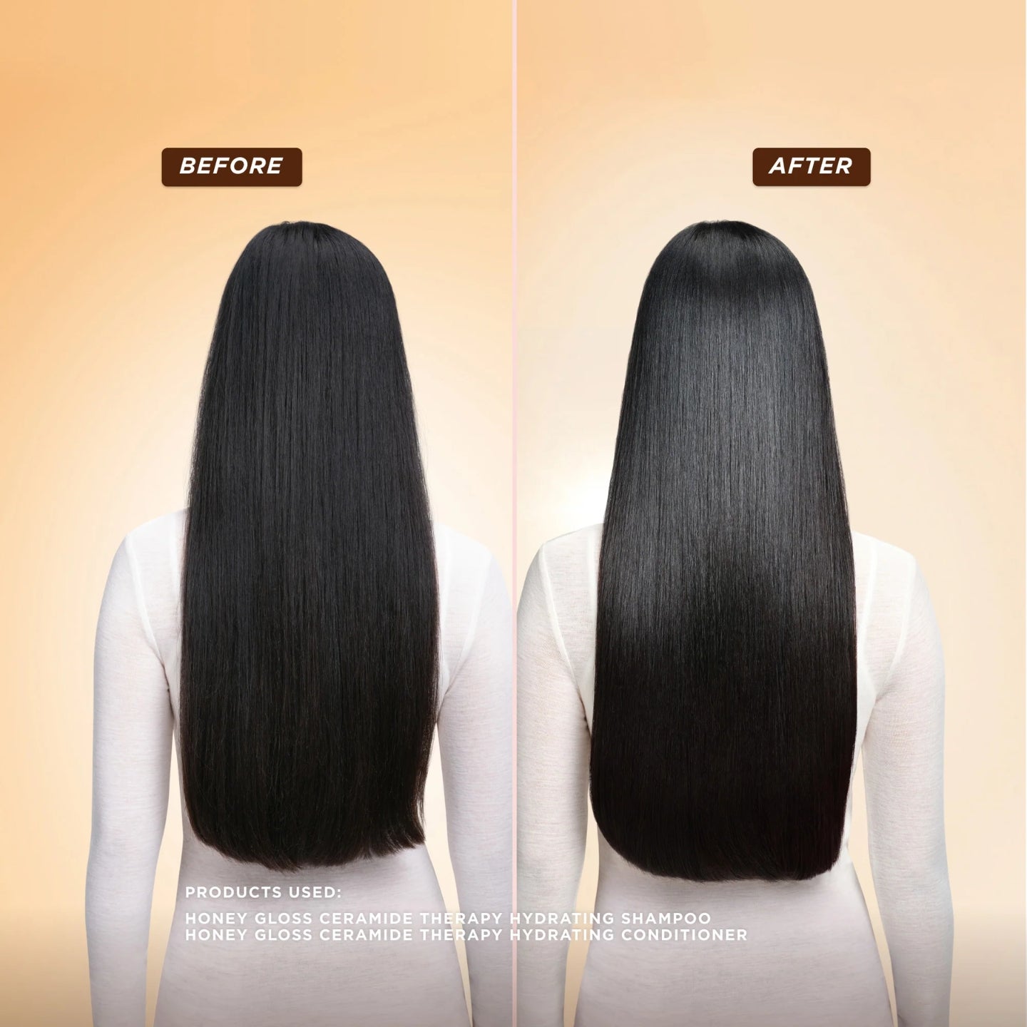 Before and after comparison of hair treatment with a person wearing a white shirt.