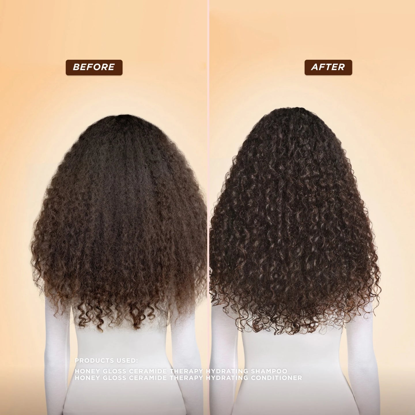 Before and after comparison of curly hair with a beige background
