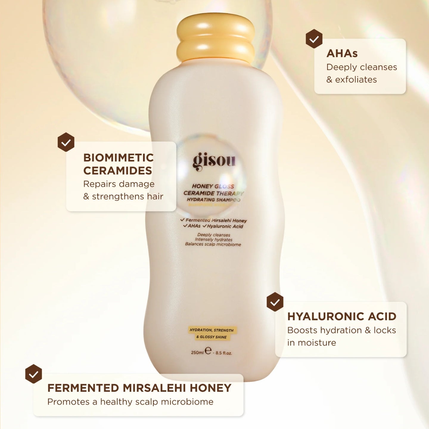 Gison hair care product bottle with text highlighting ingredients and benefits on a beige background