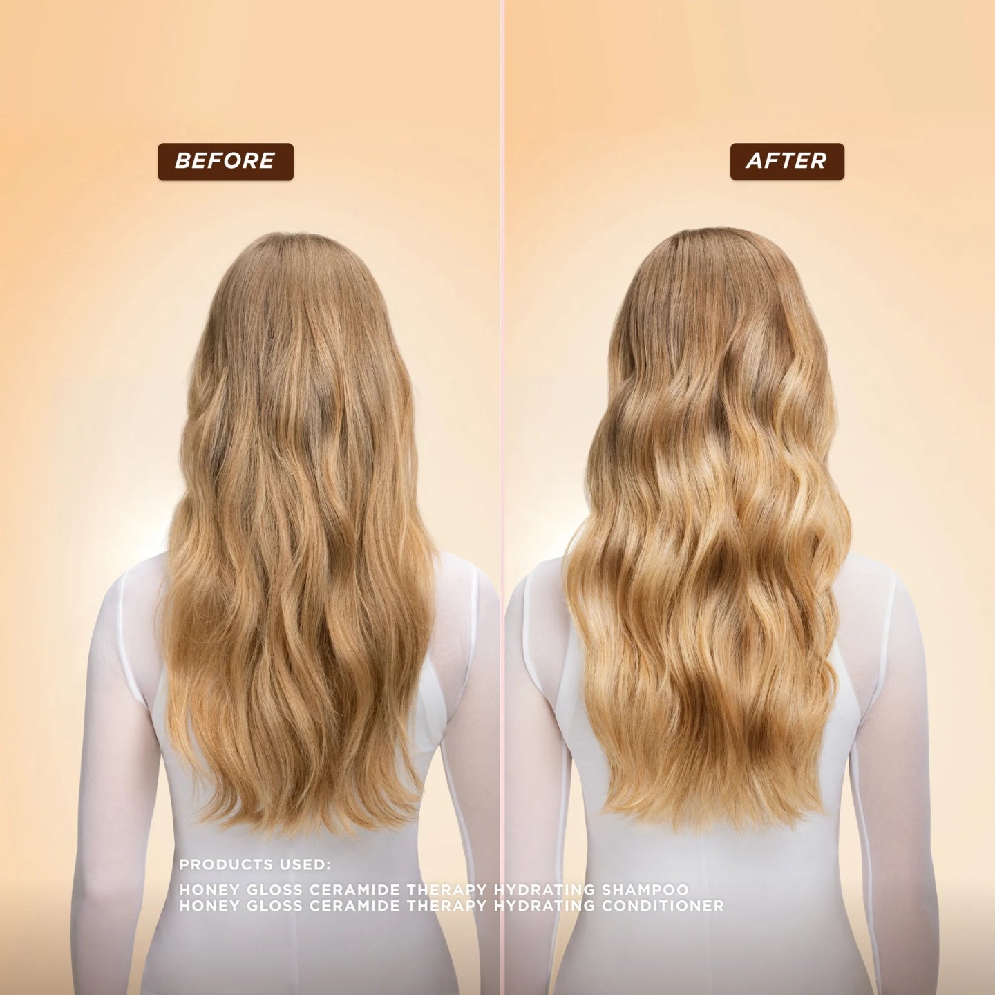 Before and after comparison of hair using Honey Gloss products on a beige background
