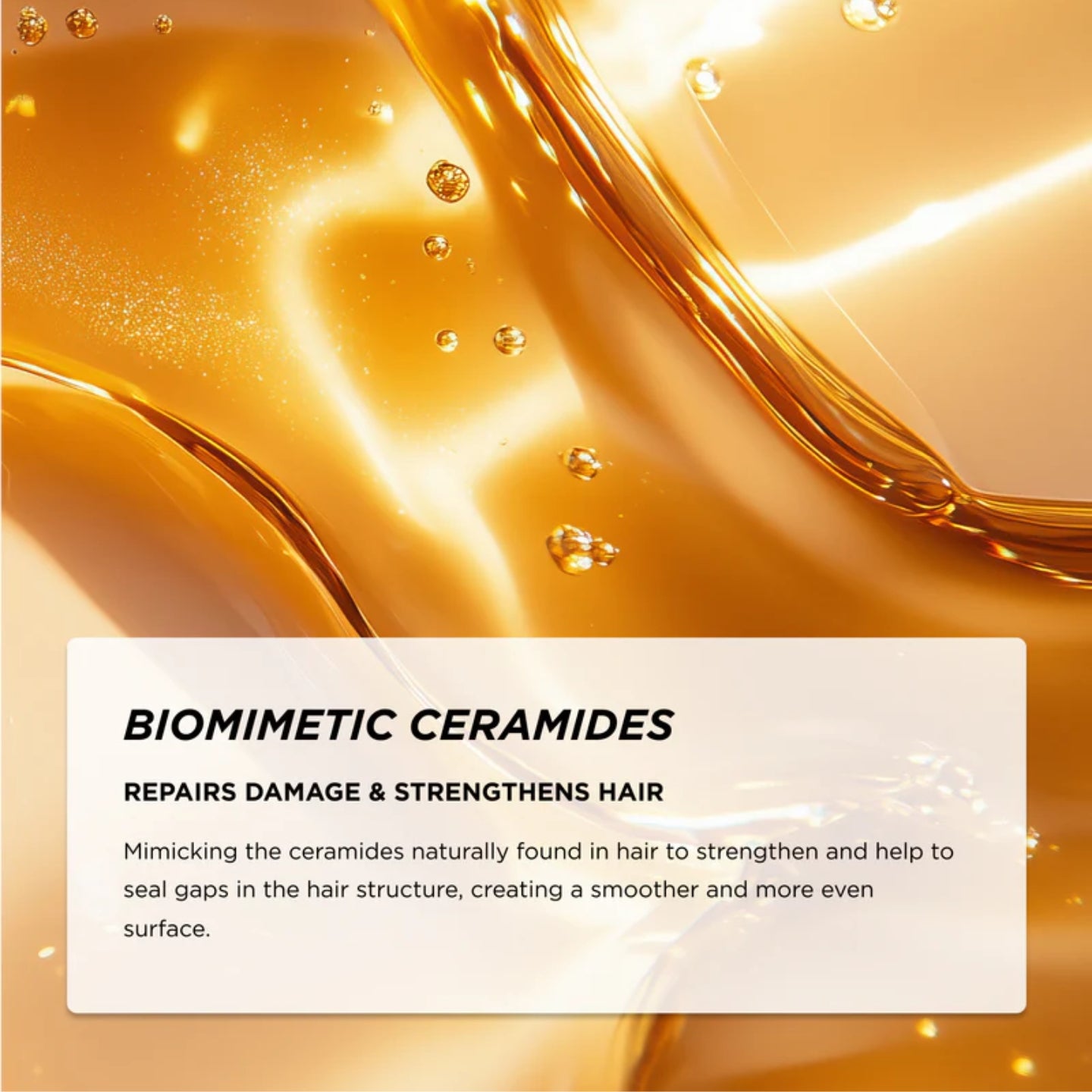 Gold liquid with biomimetic ceramides text overlay on a gold background