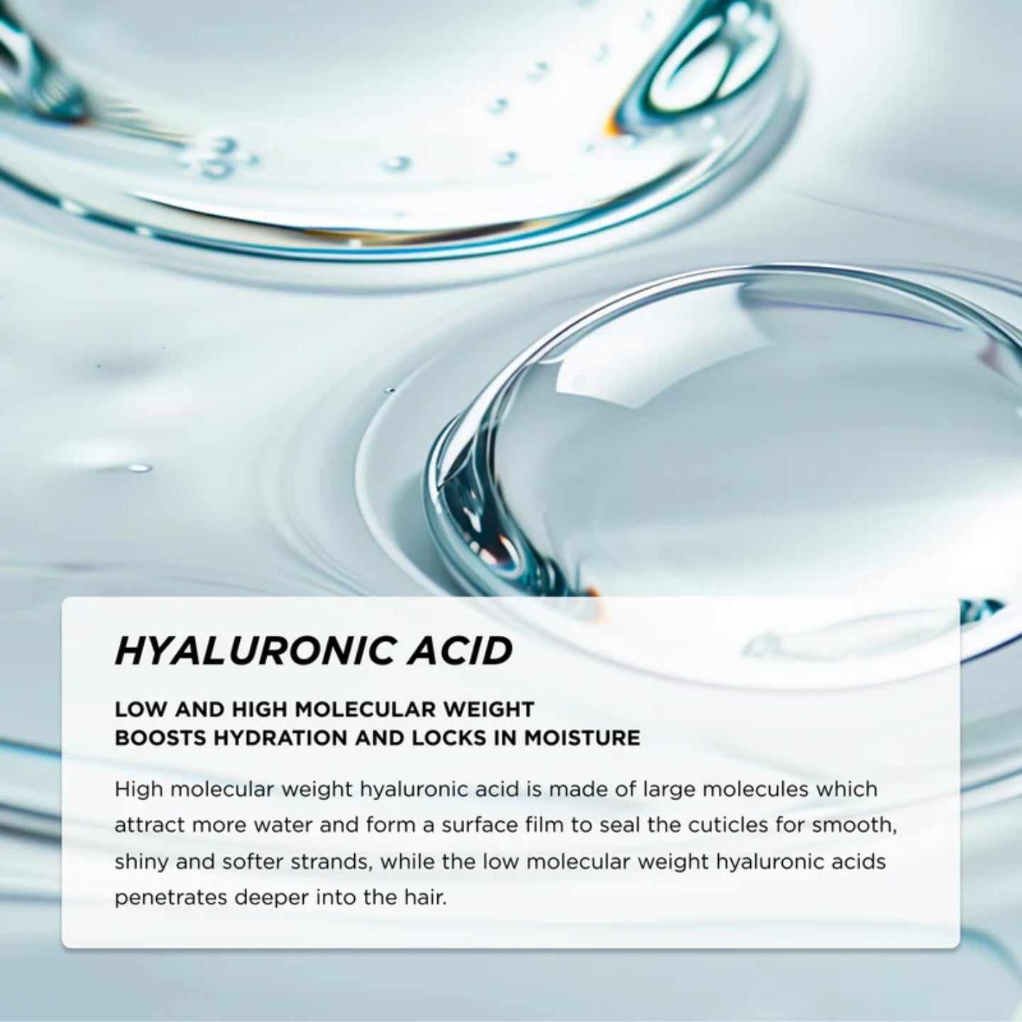 Close-up of water droplets with text about hyaluronic acid in the context of hair care.