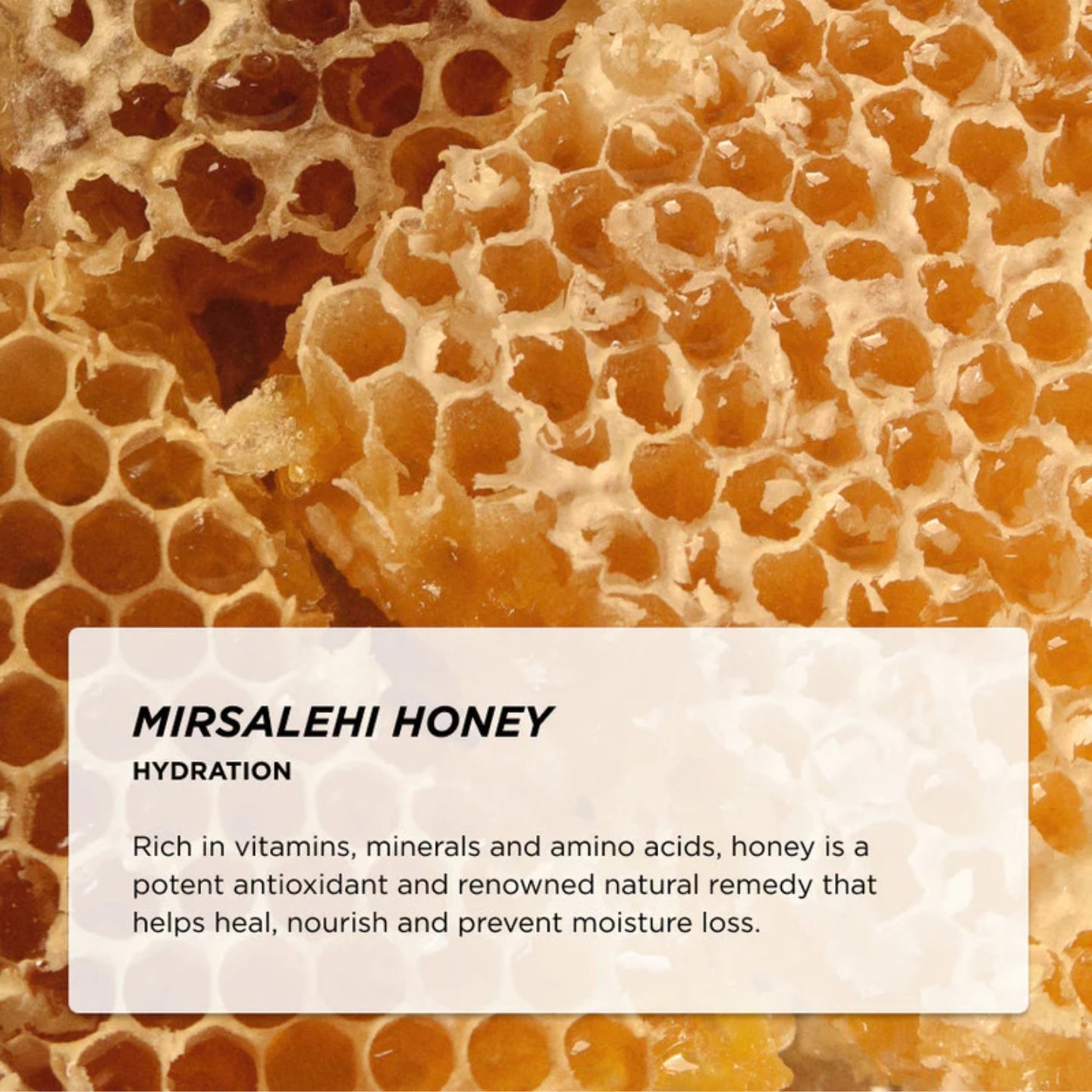 Honeycomb with text about Mirsalehi Honey hydration