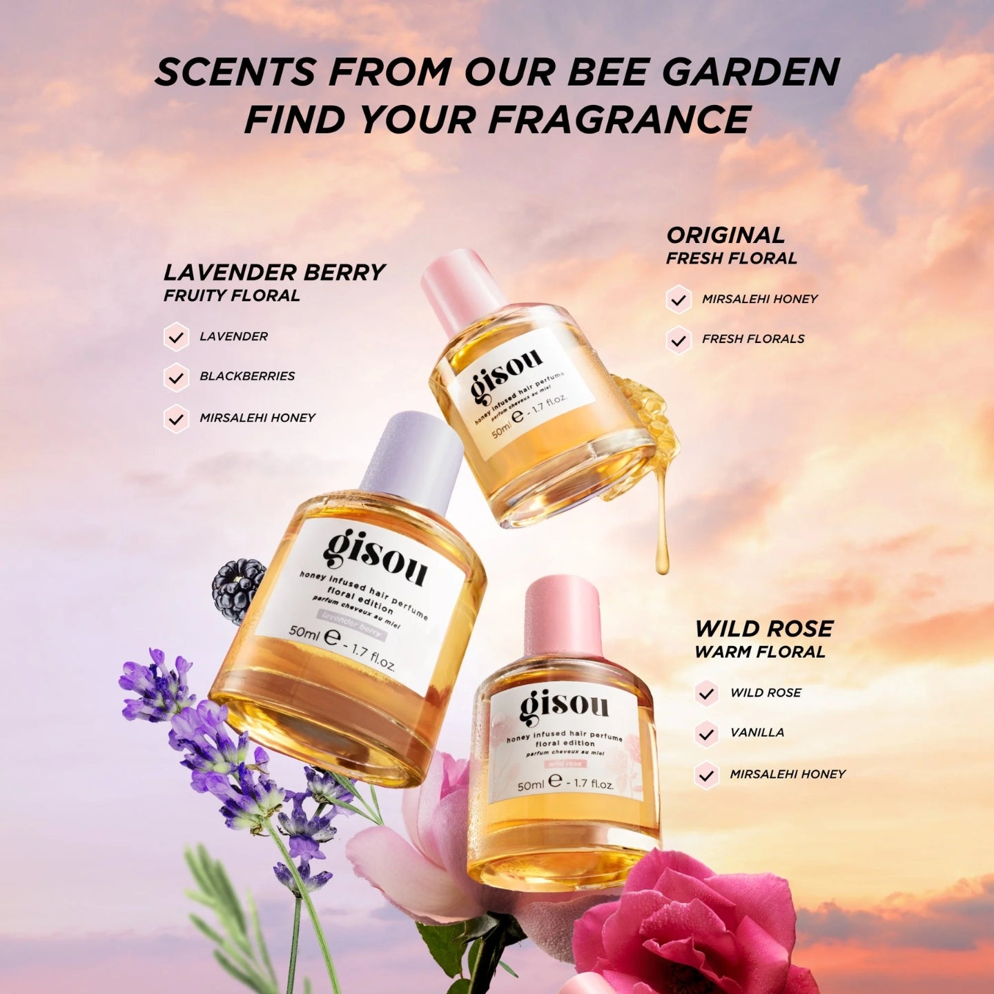 Gison perfume bottles fragrance guide with floral elements and a sunset background