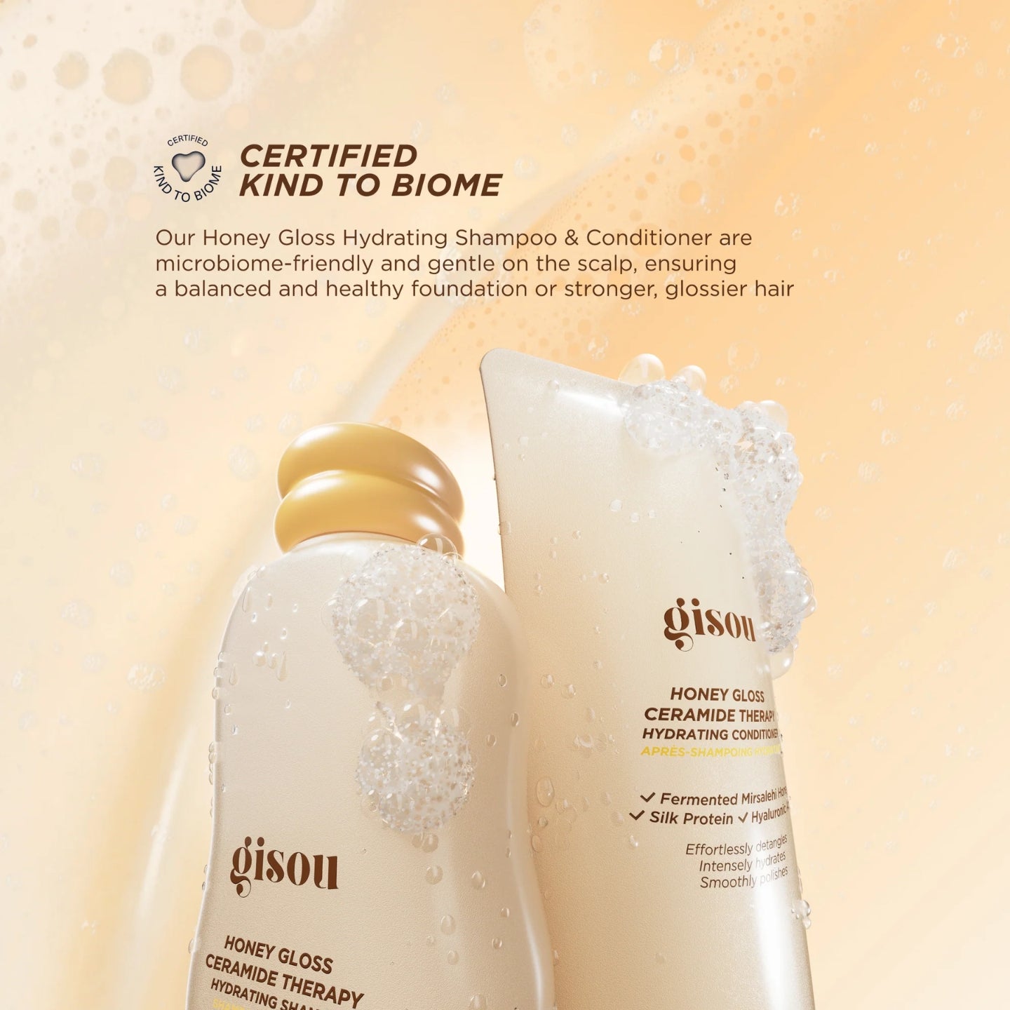 Gison Honey Gloss Hydrating Shampoo and Conditioner bottles with product details on a beige background