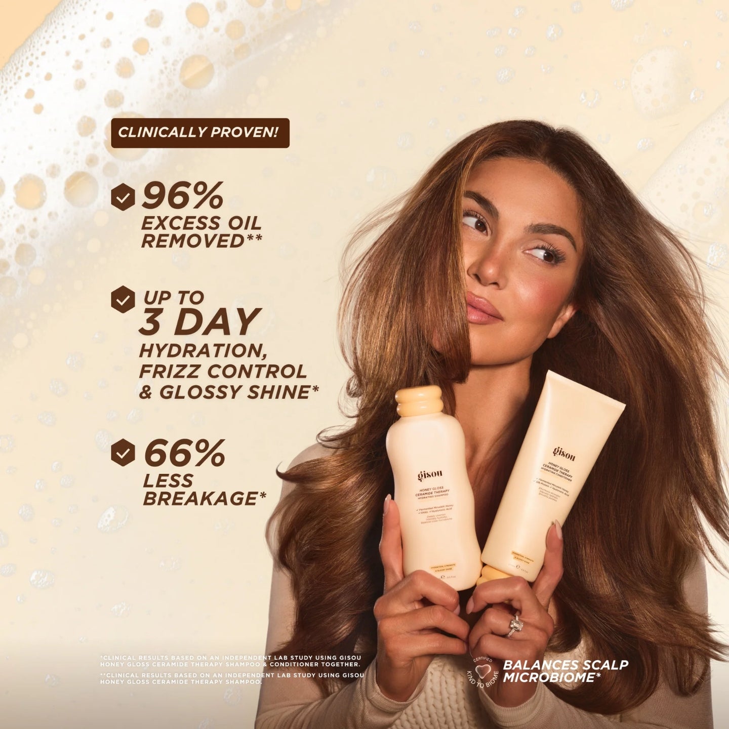 Woman holding hair care products with text highlighting product benefits on a beige background