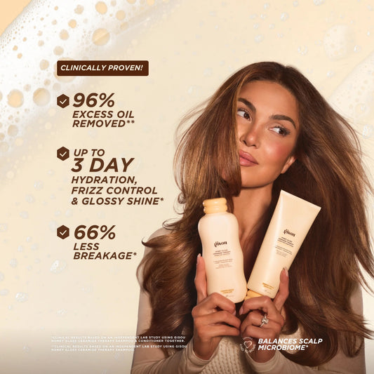 Woman holding hair care products with text highlighting product benefits on a beige background
