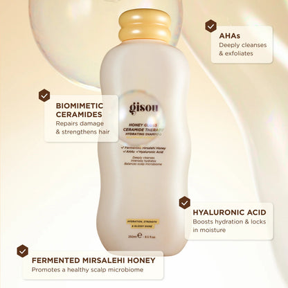 Gison hair care product bottle with text highlighting ingredients and benefits on a beige background