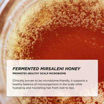 Fermented Mirsalehi honey with bubbles and text about its benefits.